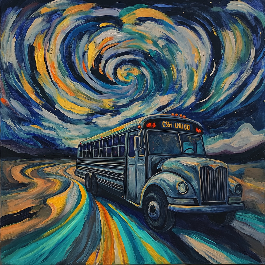 Painting of gray school bus with teal strips.