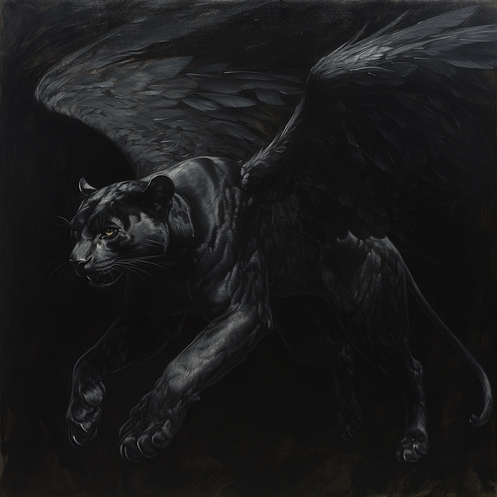 Painting of panther with black feathered wings in dynamic pose highlighting muscular form and wings, dark background enhances majestic form with wings.