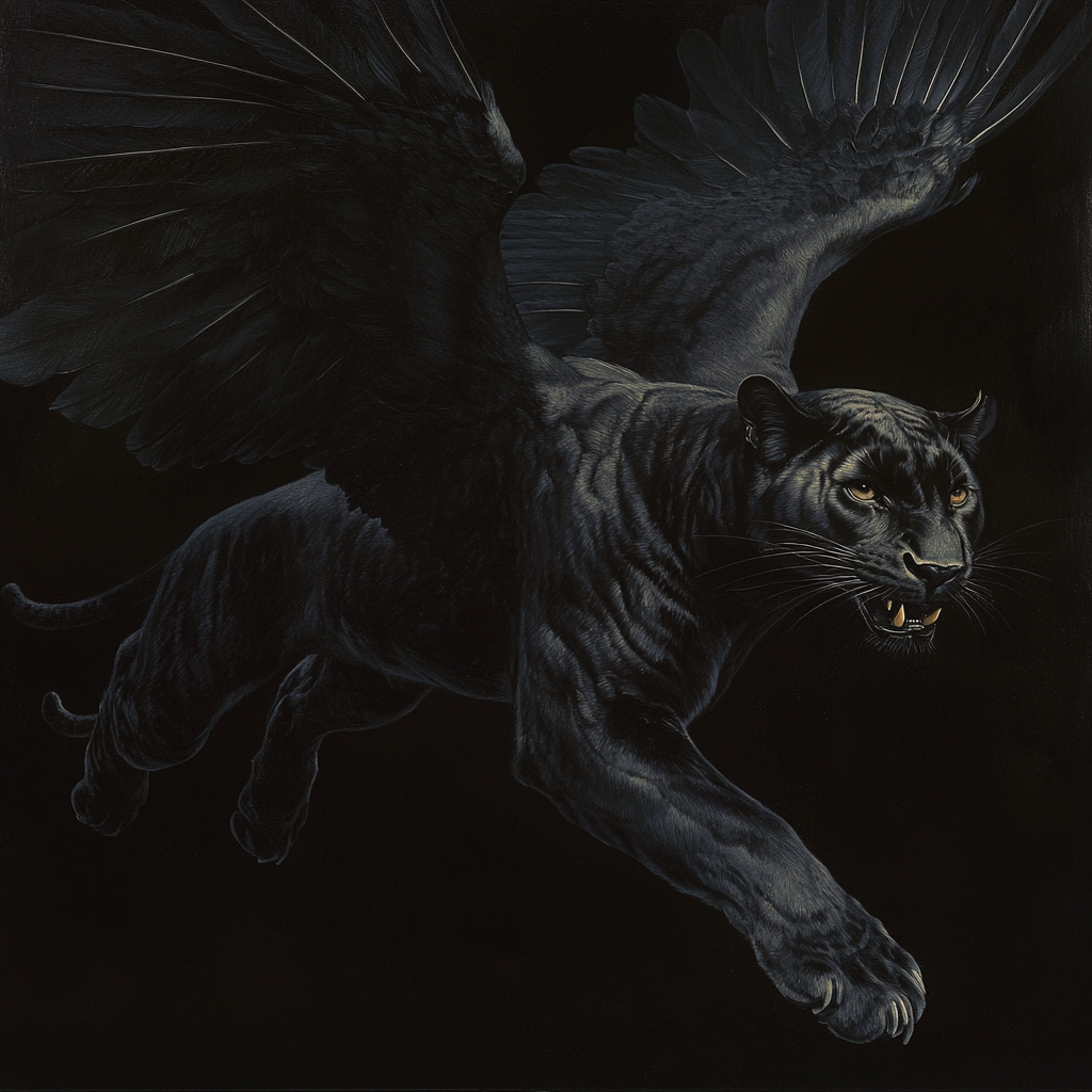 Painting of powerful panther with black feathered wings.