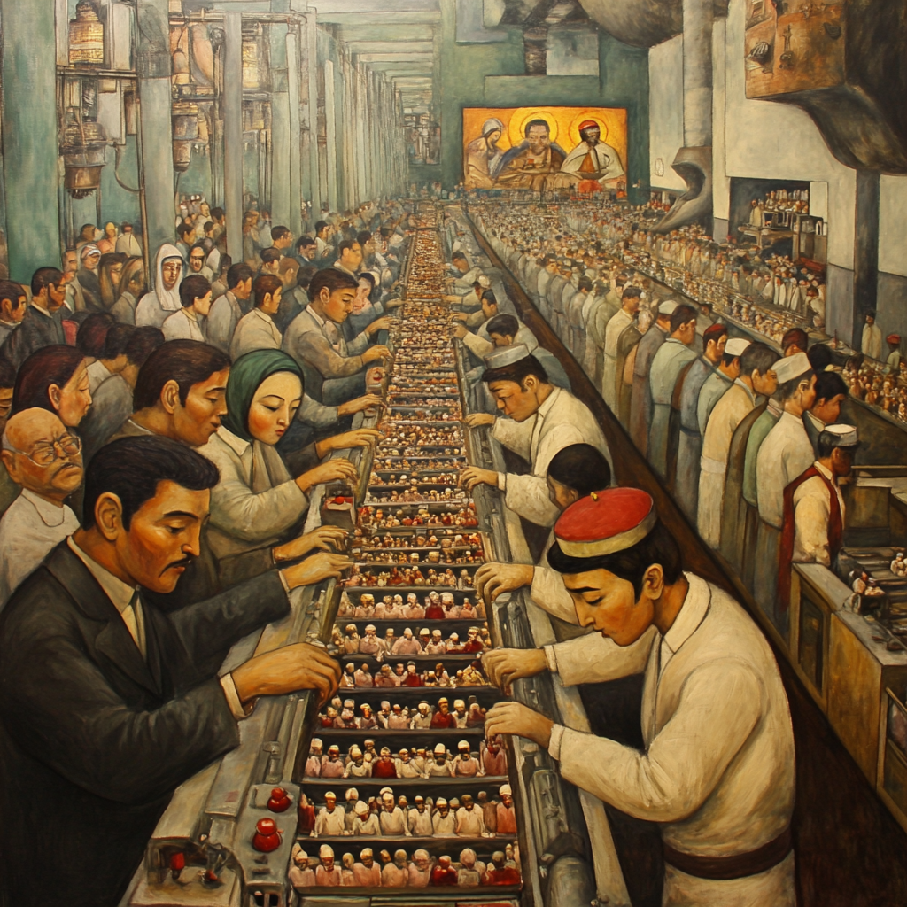 Painting of religious figures at assembly line factory.