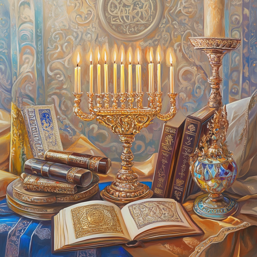 Paintings of Jewish sacred objects in Disney style.