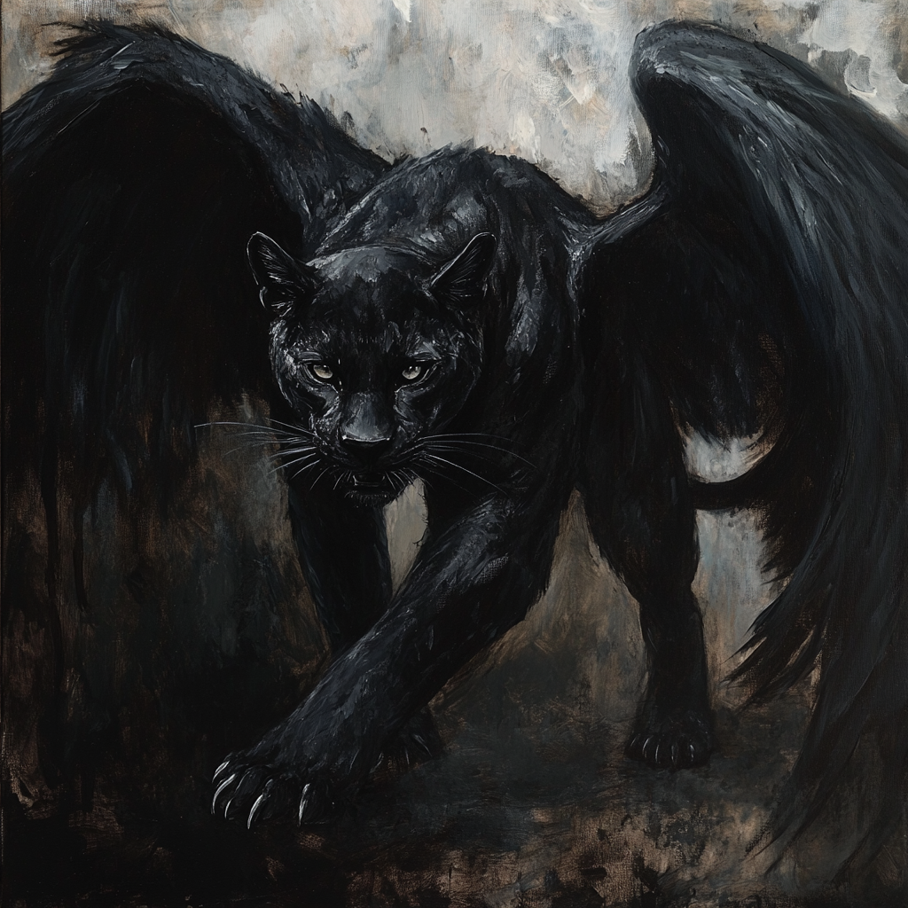 Paintingu of aggressive panther with black feathered wings.