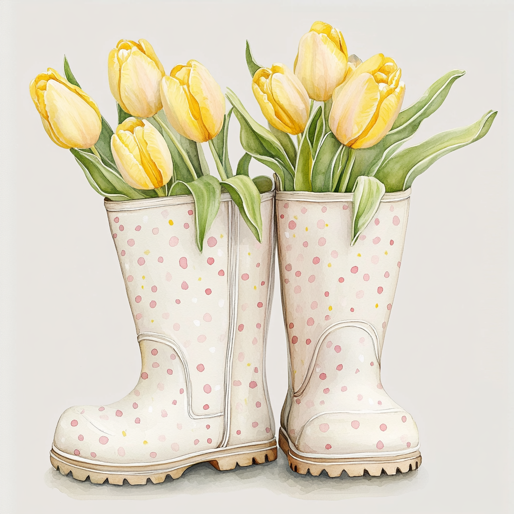 Pair of white wellies with pastel pink design