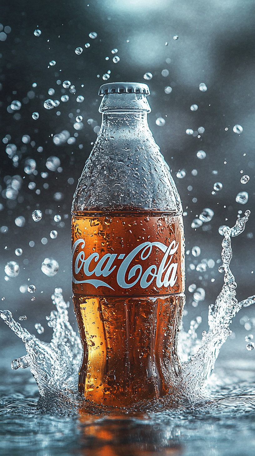 Pale Coca-Cola bottle on water with bubbles and droplets.