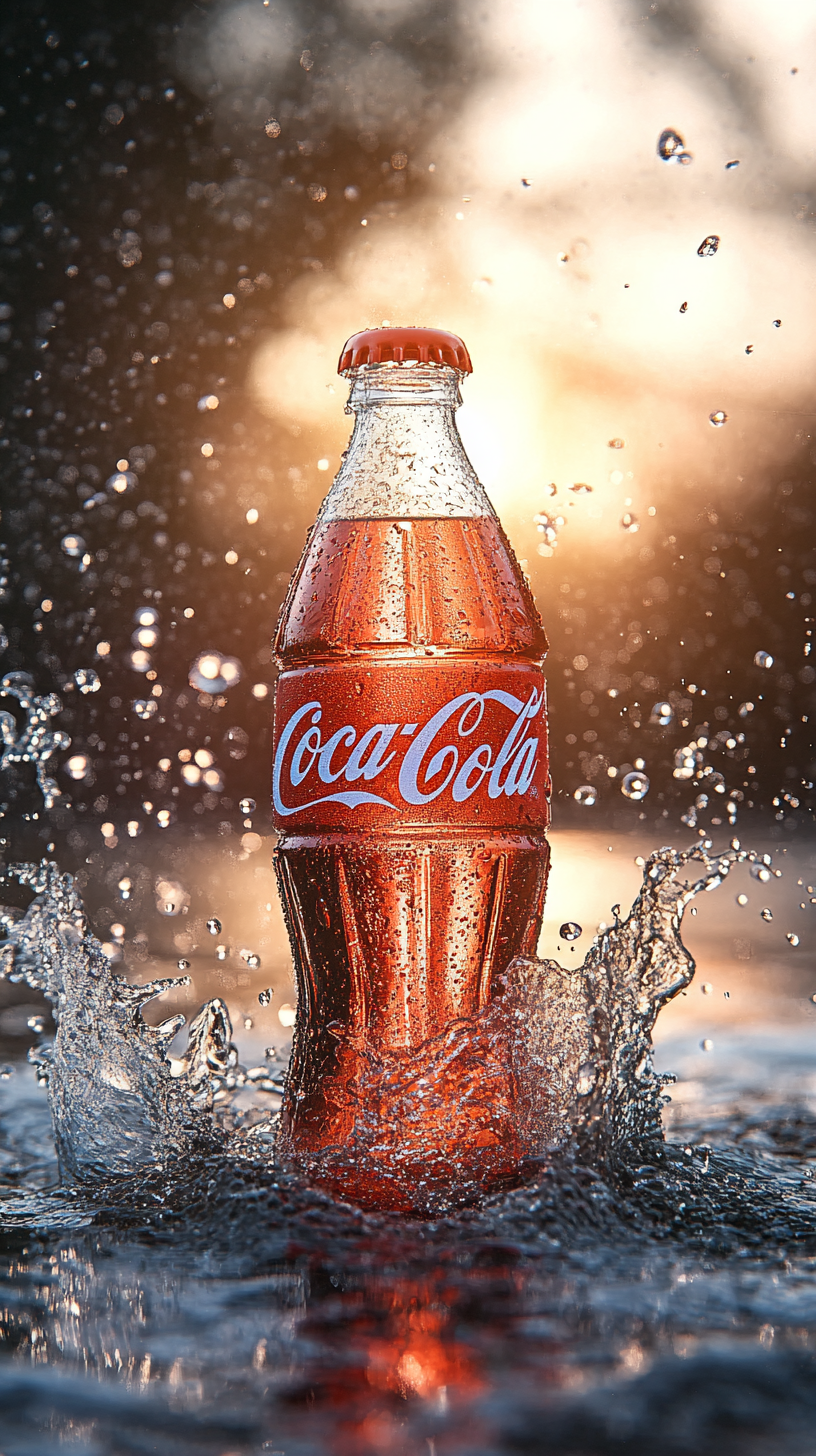 Pale cherry-red Coca-Cola bottle in sparkling water.