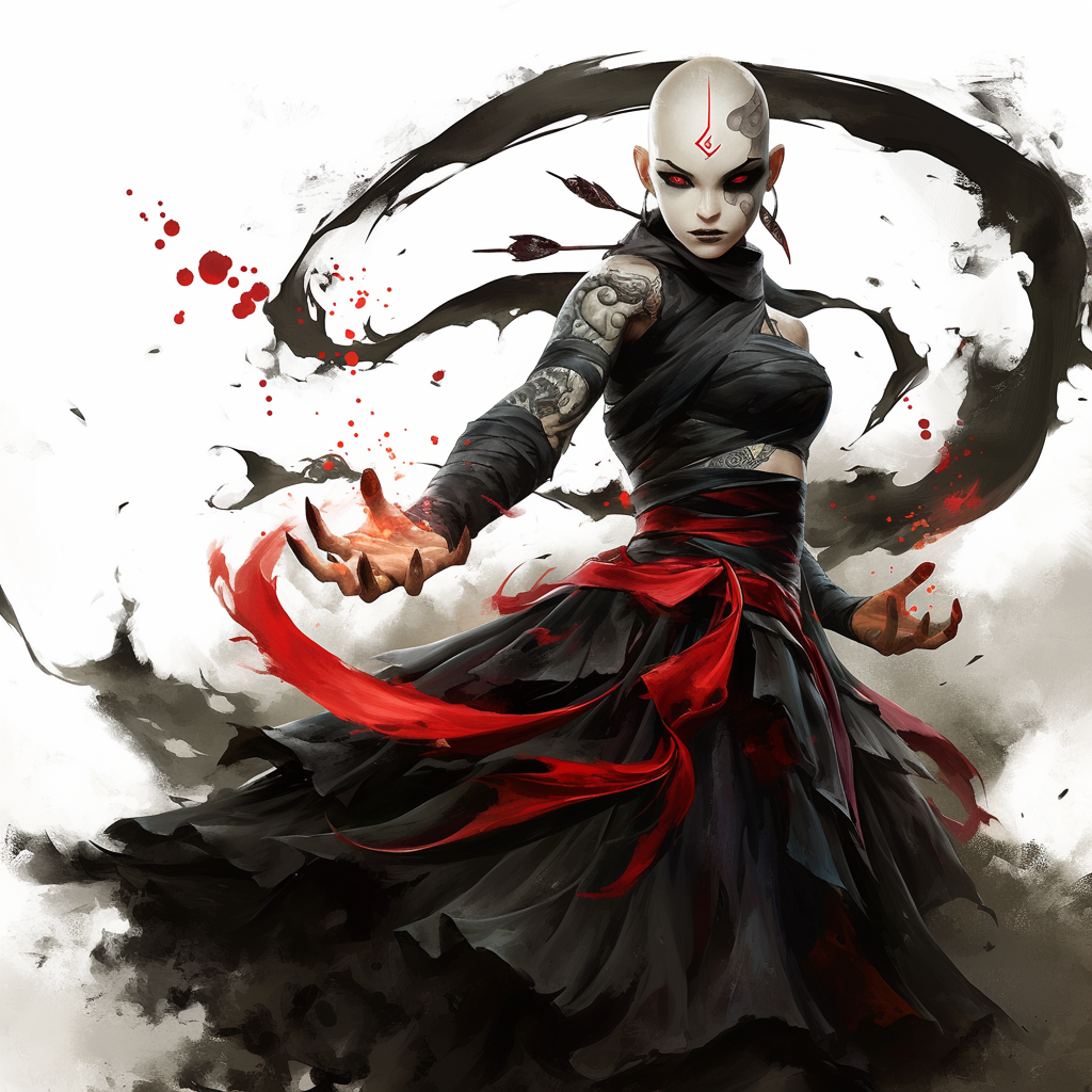 Pale gothic girl with ruby eye, aggressive martial arts.