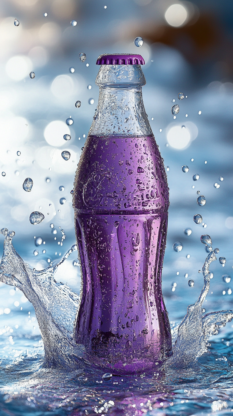 Pale purple Coca-Cola bottle in sparkling water, detailed studio shot.