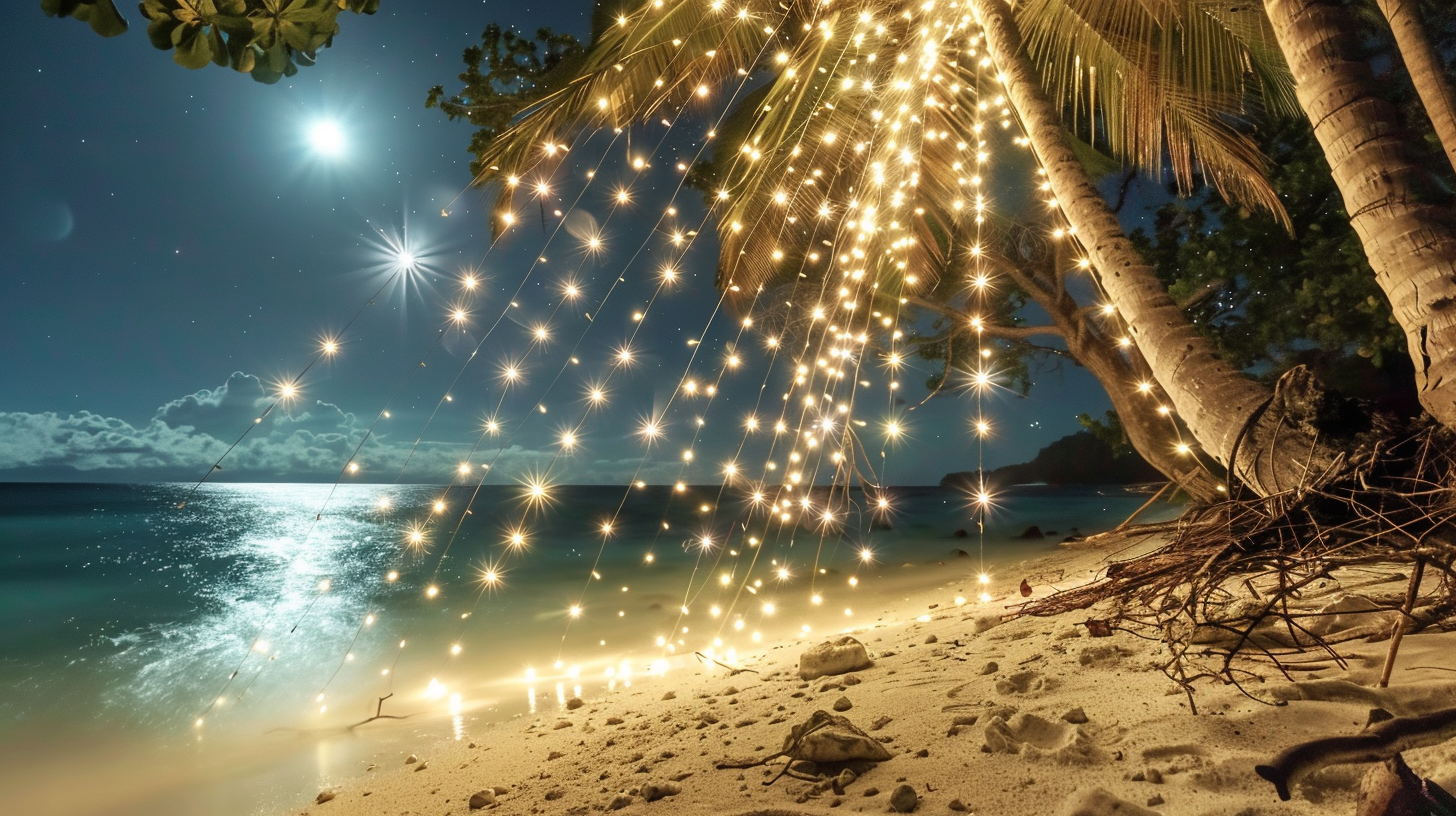 Palm trees, string lights on moonlit deserted beach.