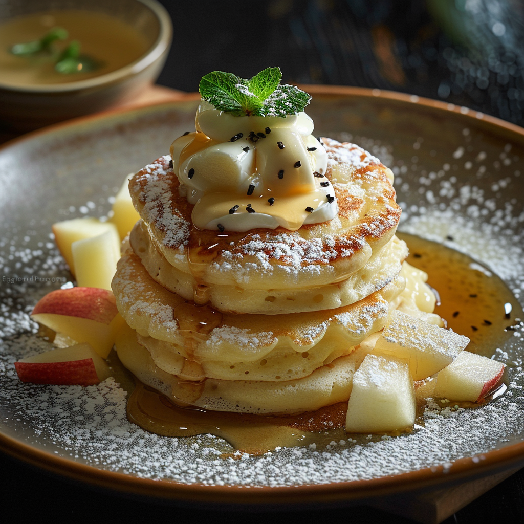 Pancake with vanilla cream and apple slices on plate.