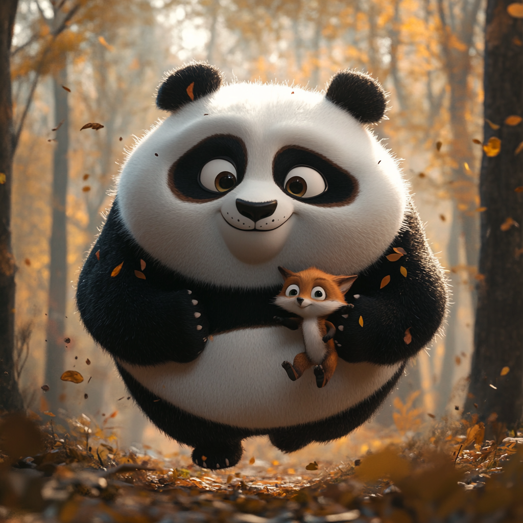 Panda and fox running in woods, Pixar style, HD