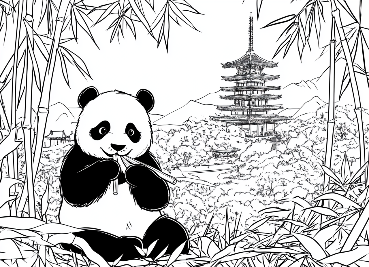 Panda eating bamboo in front of Pagoda. Kawaii style.