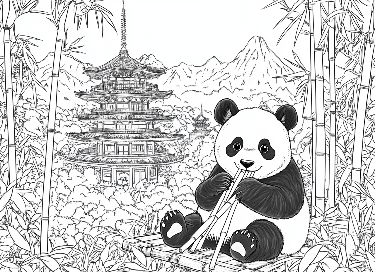 Panda eating bamboo sticks in front of Pagoda.