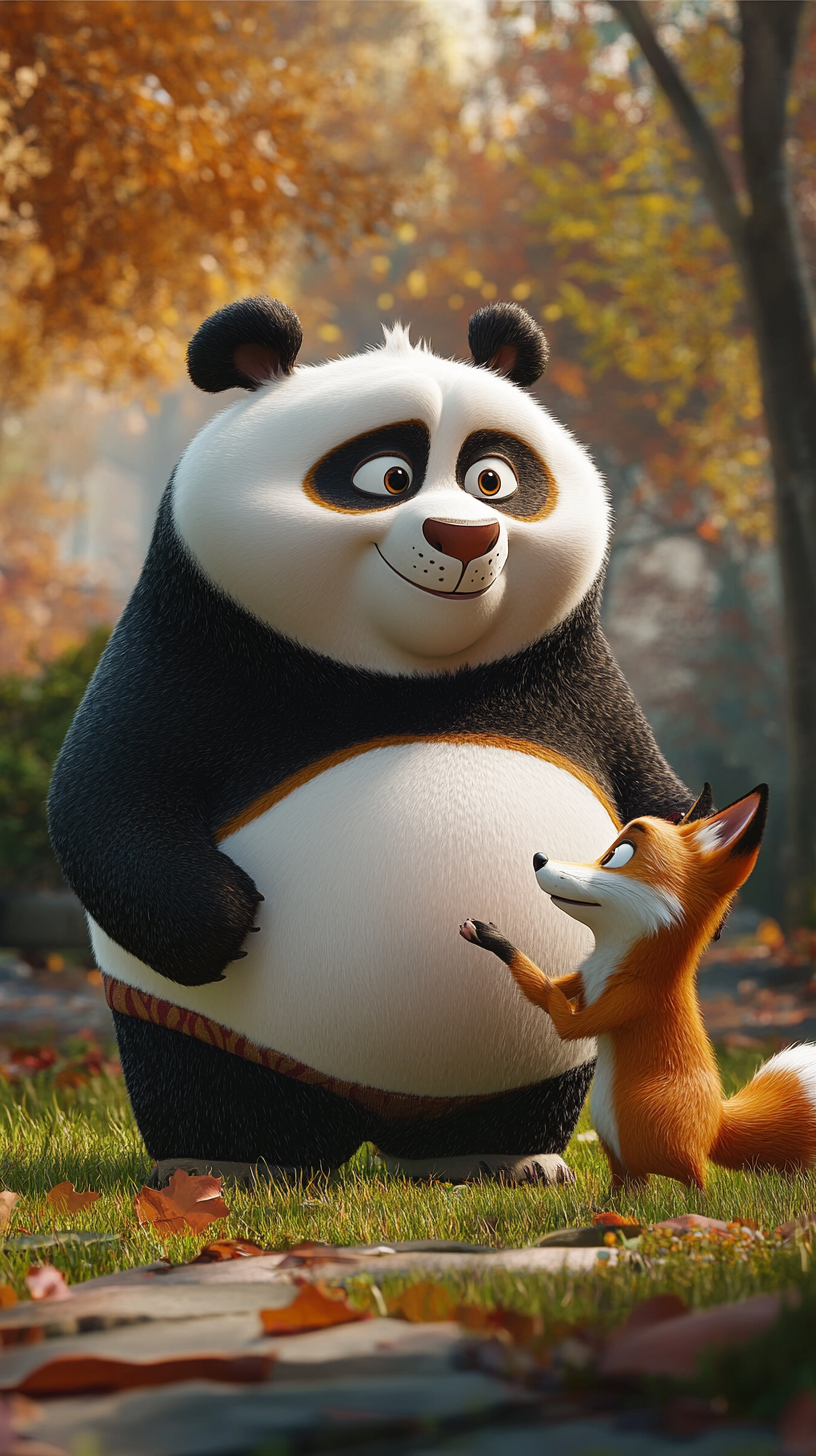 Panda holding fox's hand talks to dog in park.