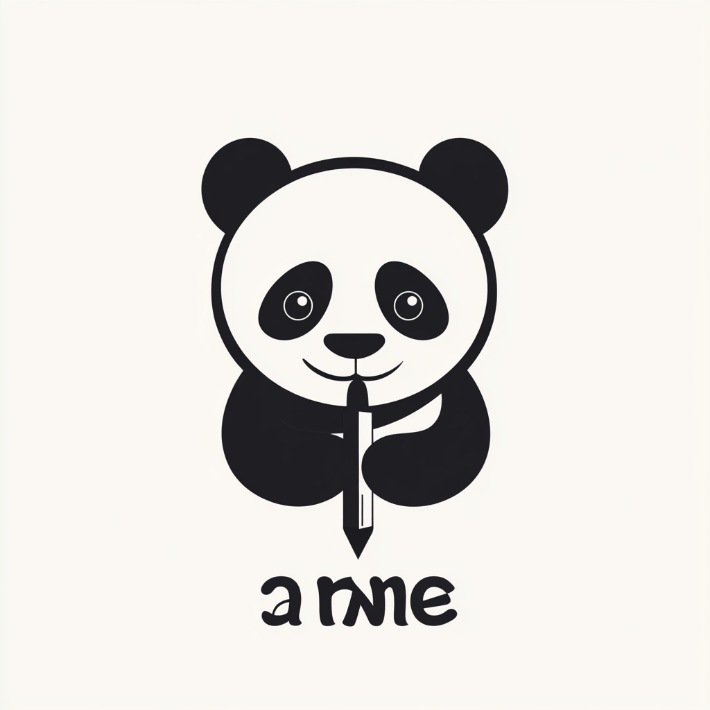 Panda holding pen in simple logo design.