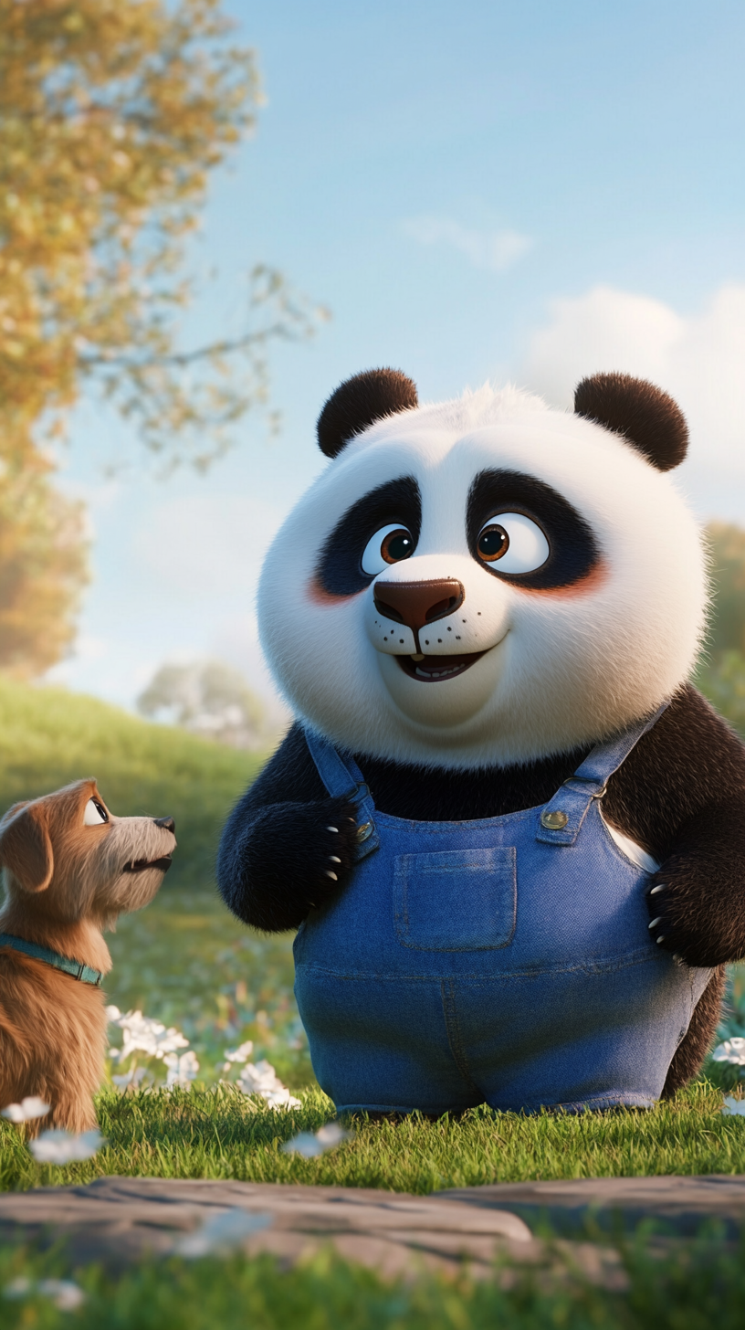 Panda in overalls talking to dog in Pixar style.