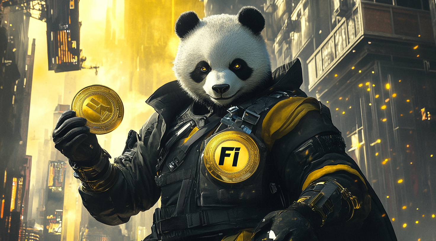 Panda superhero with golden coin in futuristic city