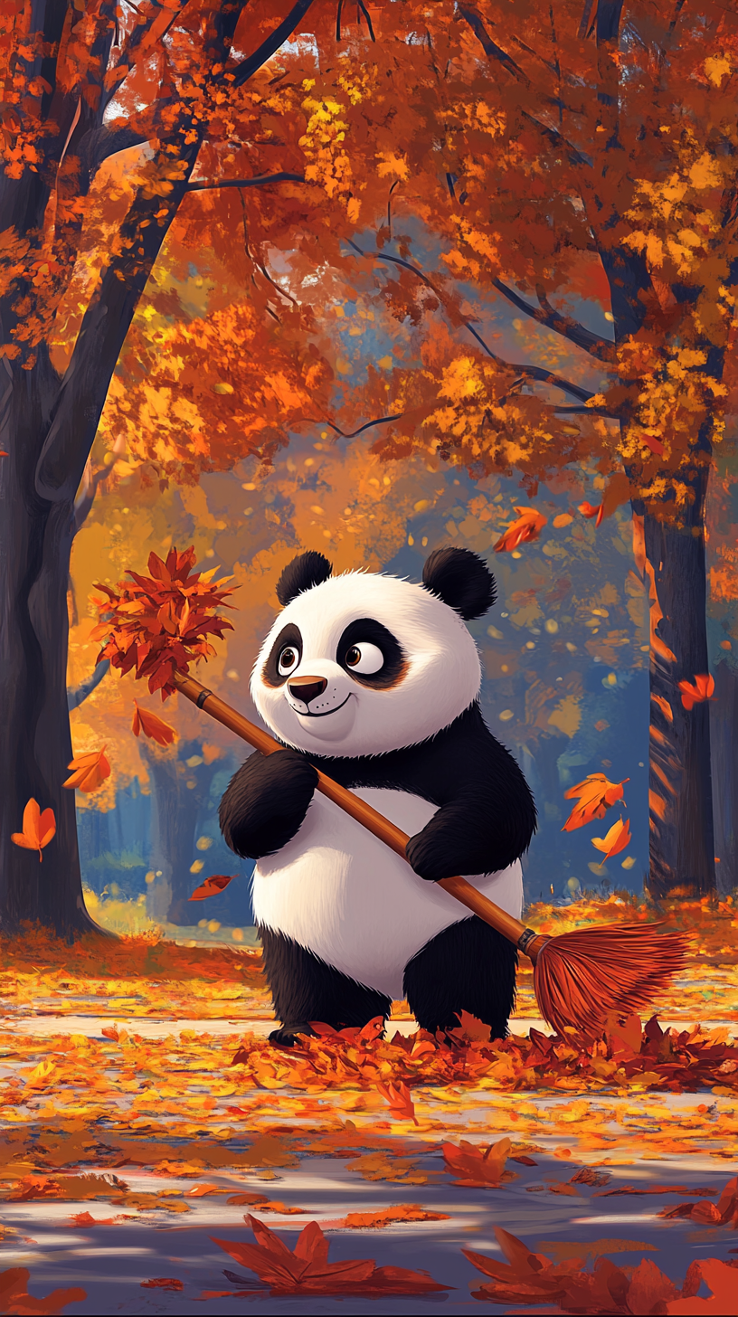 Panda sweeping leaves in colorful Pixar-style park.