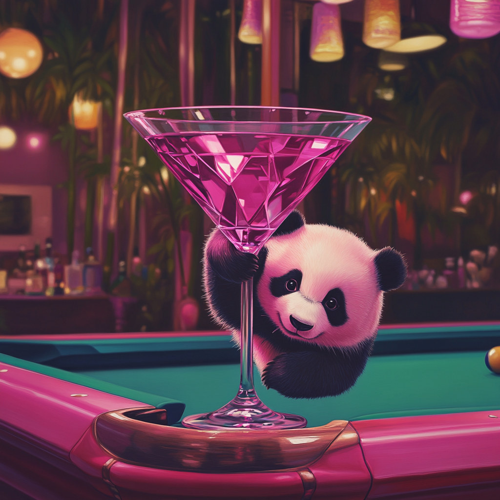 Panda trying to get pink diamond in glass