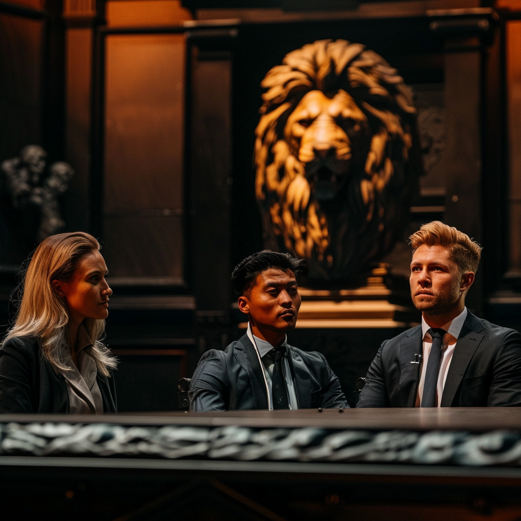 Panel of judges on competition TV show with lion statue prop.