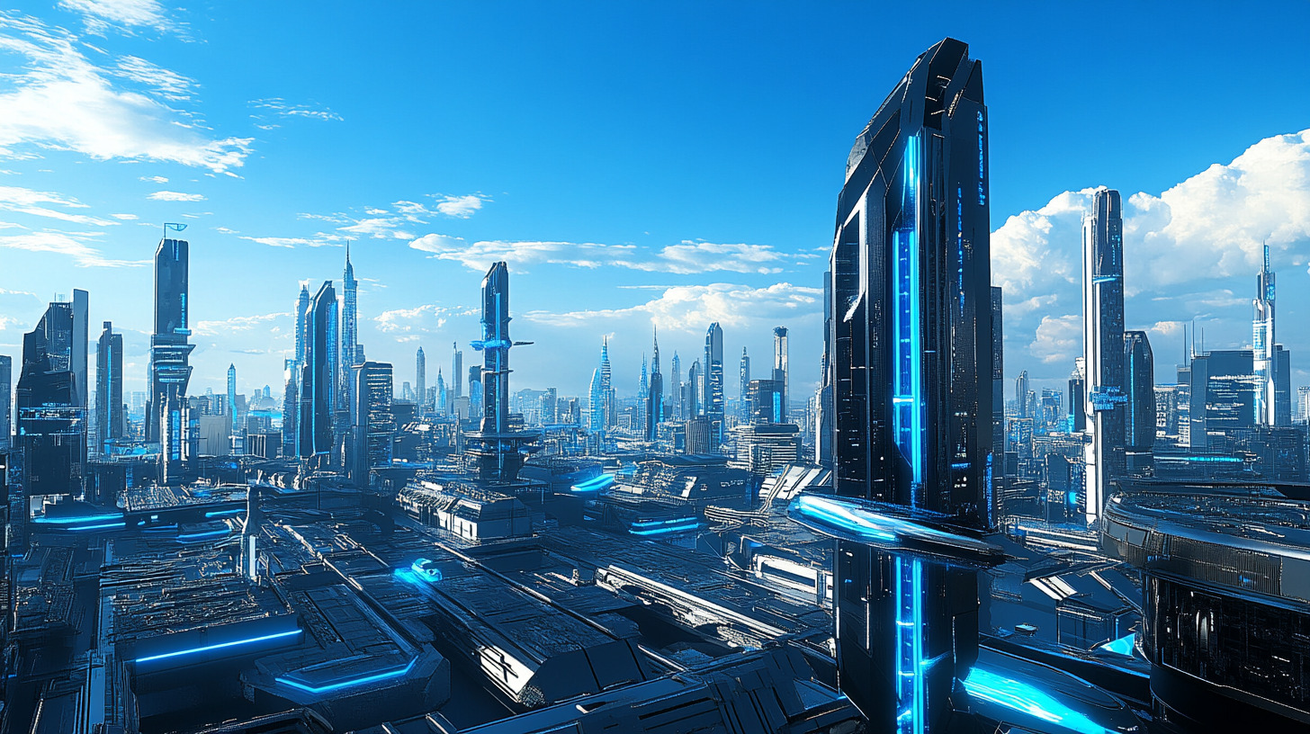 Panoramic Smart City with futuristic high-rise buildings, clear sky.