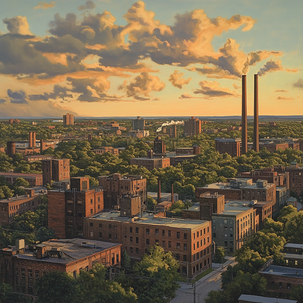 Panoramic view of Hamilton at dusk, urban realism art.