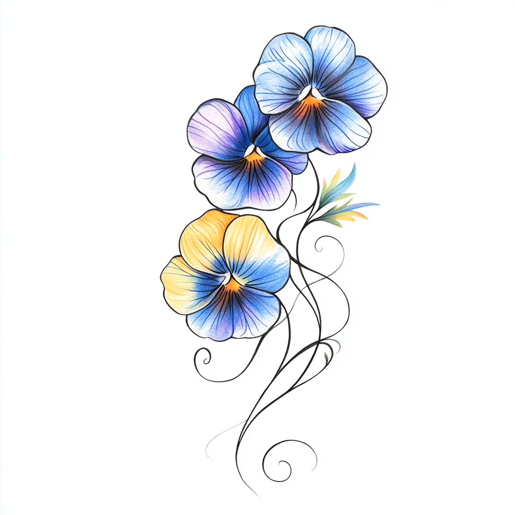 Pansy flowers in blue, purple, and yellow intertwined gracefully.