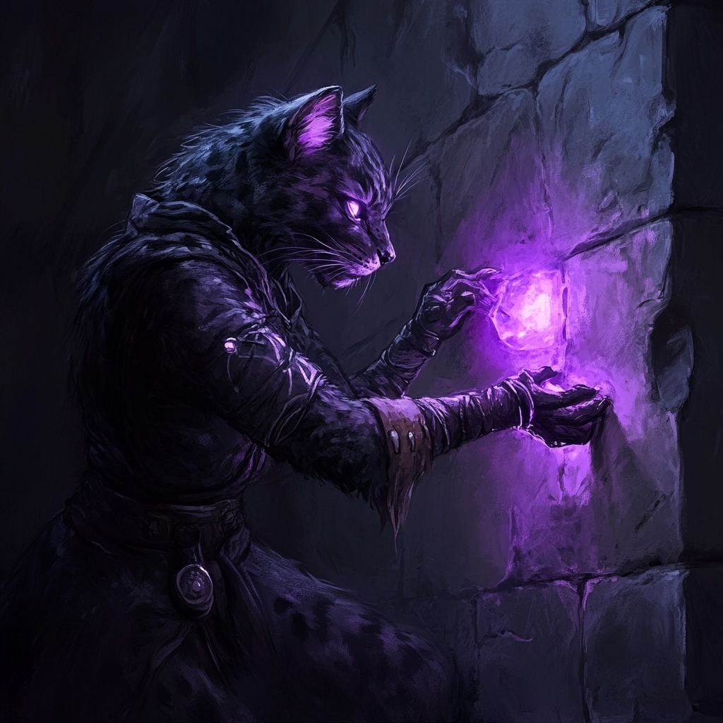 Panther-tabaxi-person with black fur extracting purple crystal.