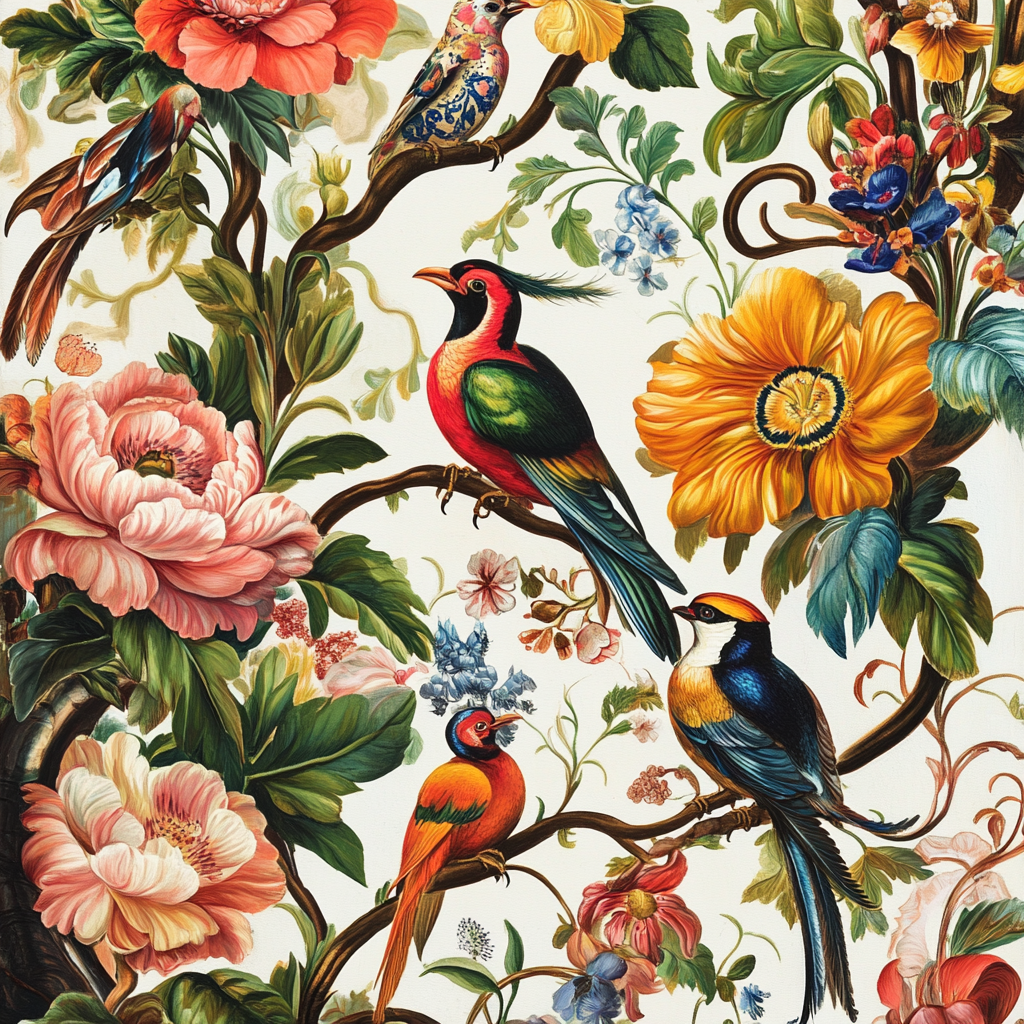 Paradise birds on vibrant flowers with intricate patterns.