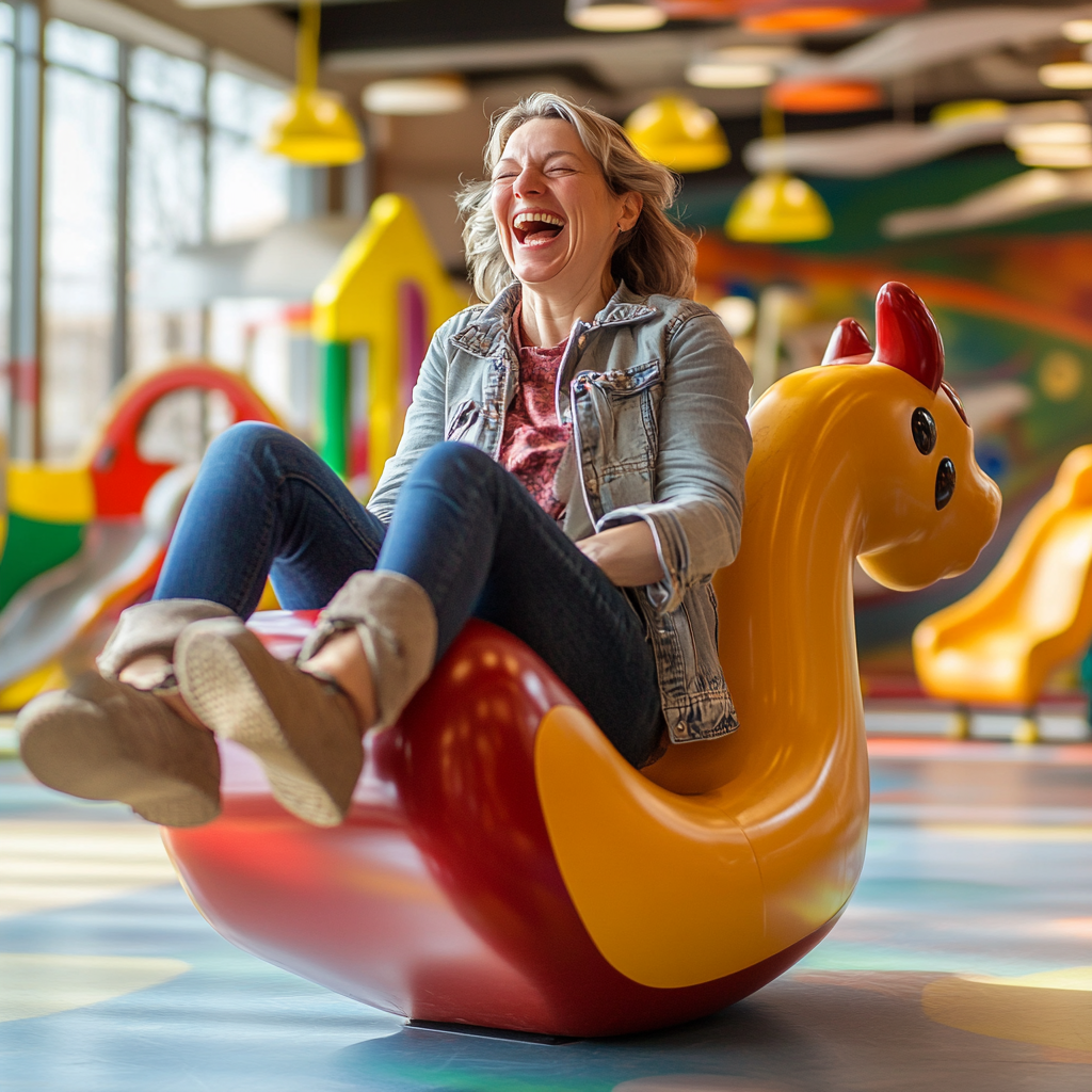 Parent playing joyfully on playground toy