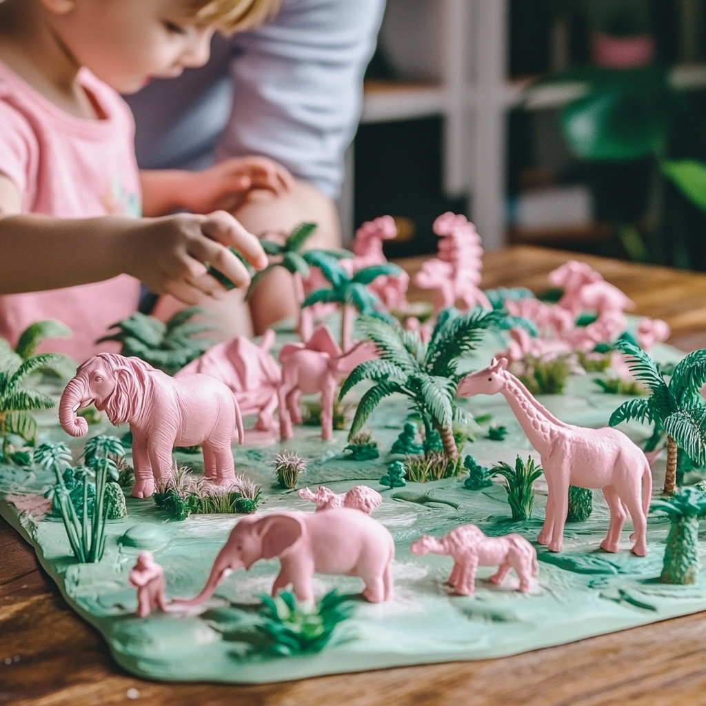 Parents and Child Play with Pink Toy Animals.