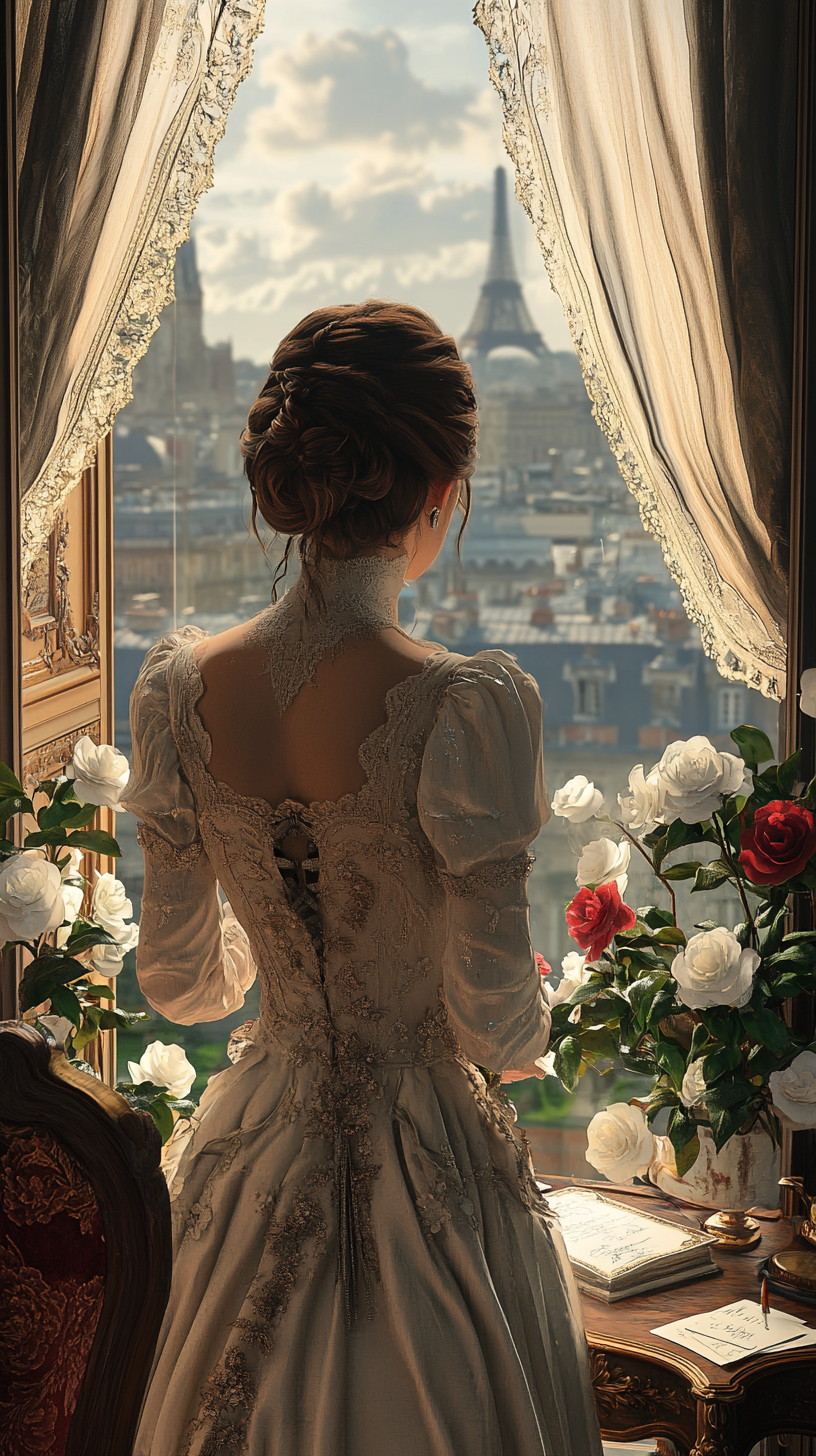 Paris in mid-19th century, beautiful lady in room.