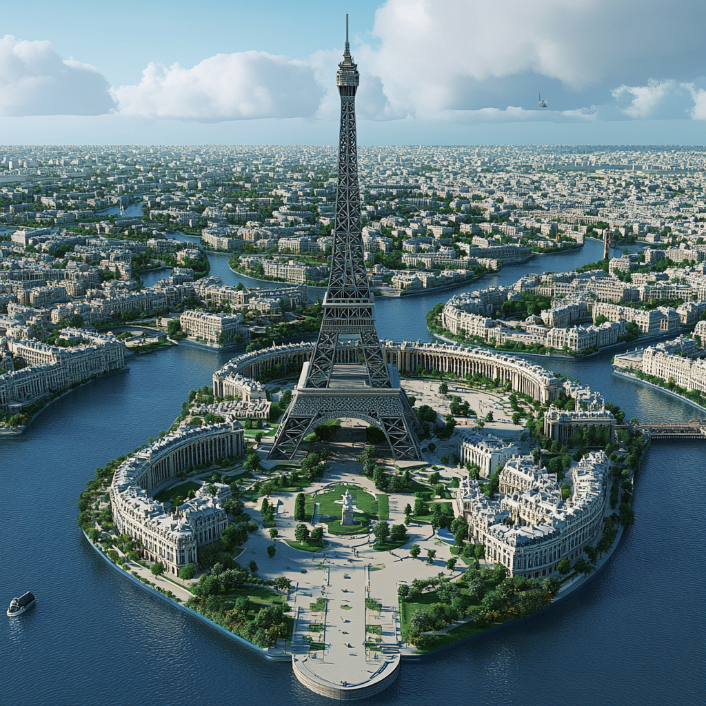 Paris-like city on flat island with iron pagoda.