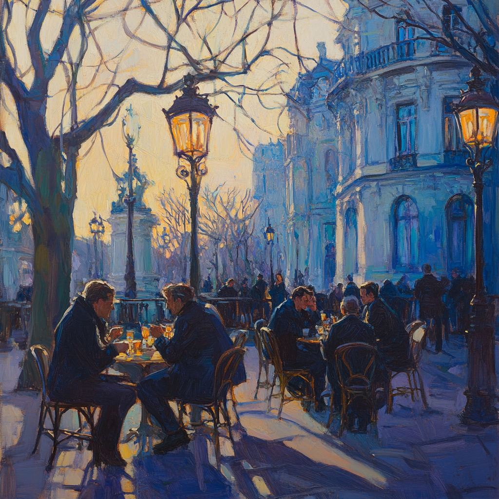 Paris scene with people, coffee, shadows, holographic design.