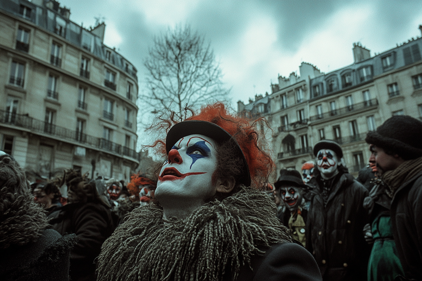 Paris square full of clowns looking up