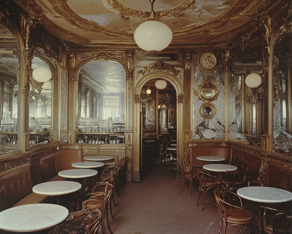 Parisian cafe interior with circular tables from 20th century.