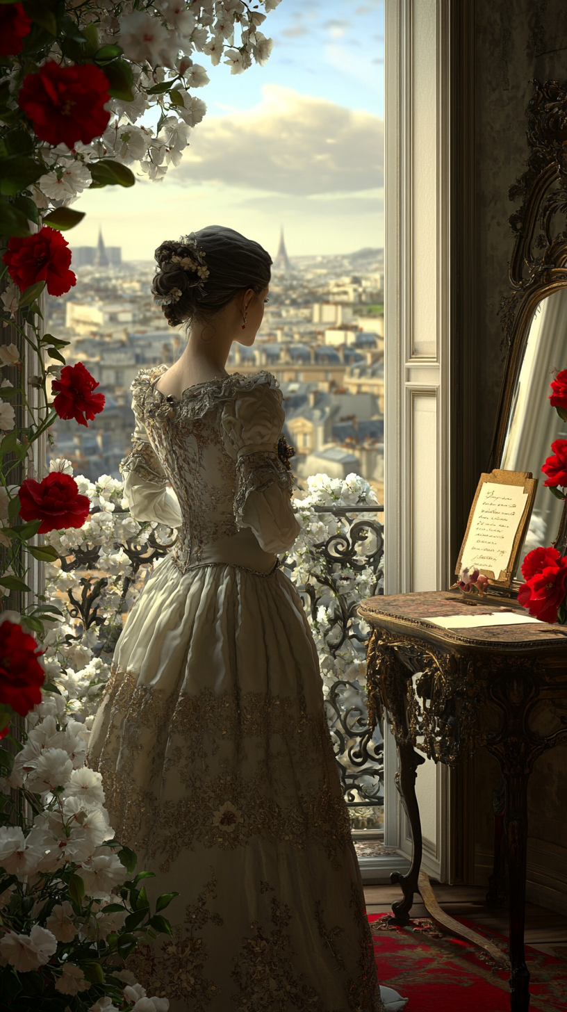 Parisian lady in luxury dress in elegant room setting.