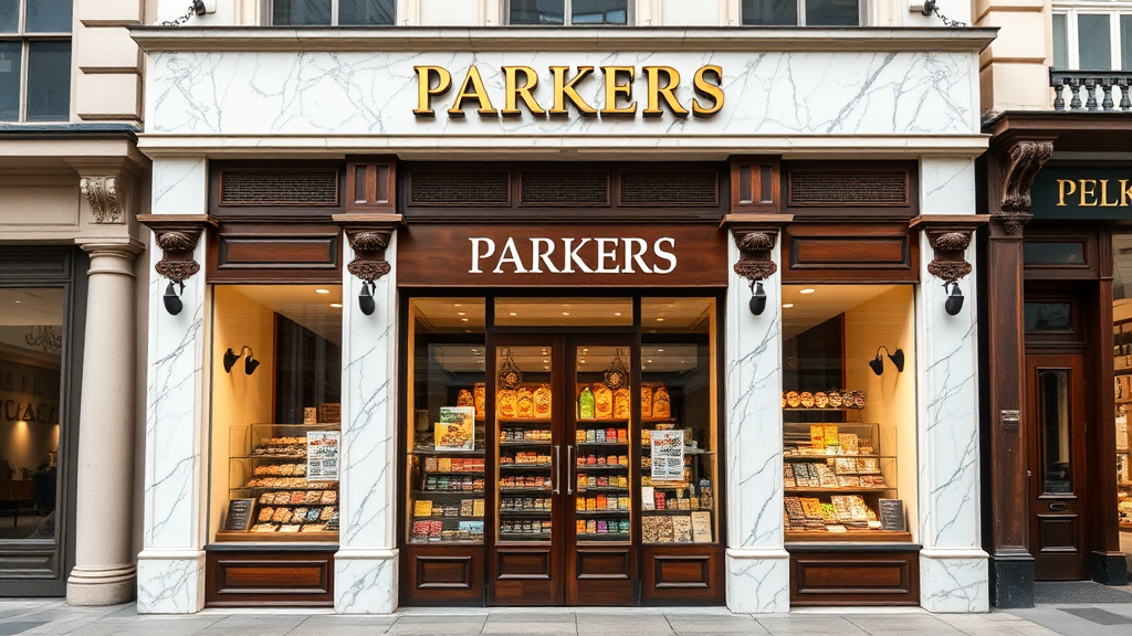 Parkers shop exterior, marble and wood, English food.