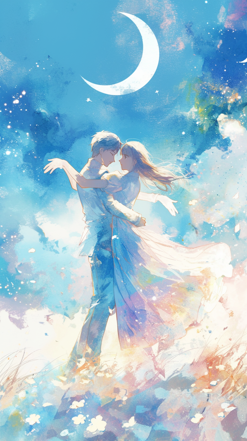 Partner dance in peaceful meadow, moonlight glow illuminates love.