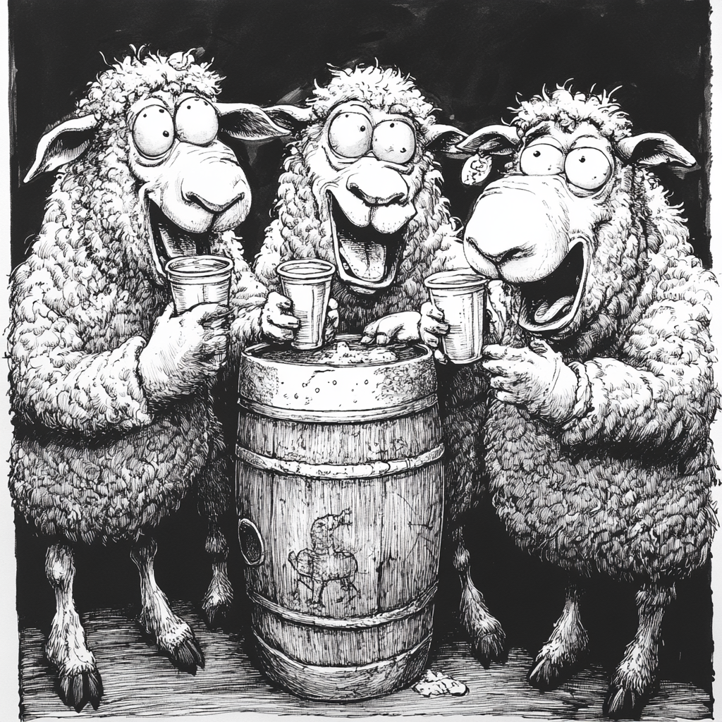 Party sheep around keg - one mischief, two drunk