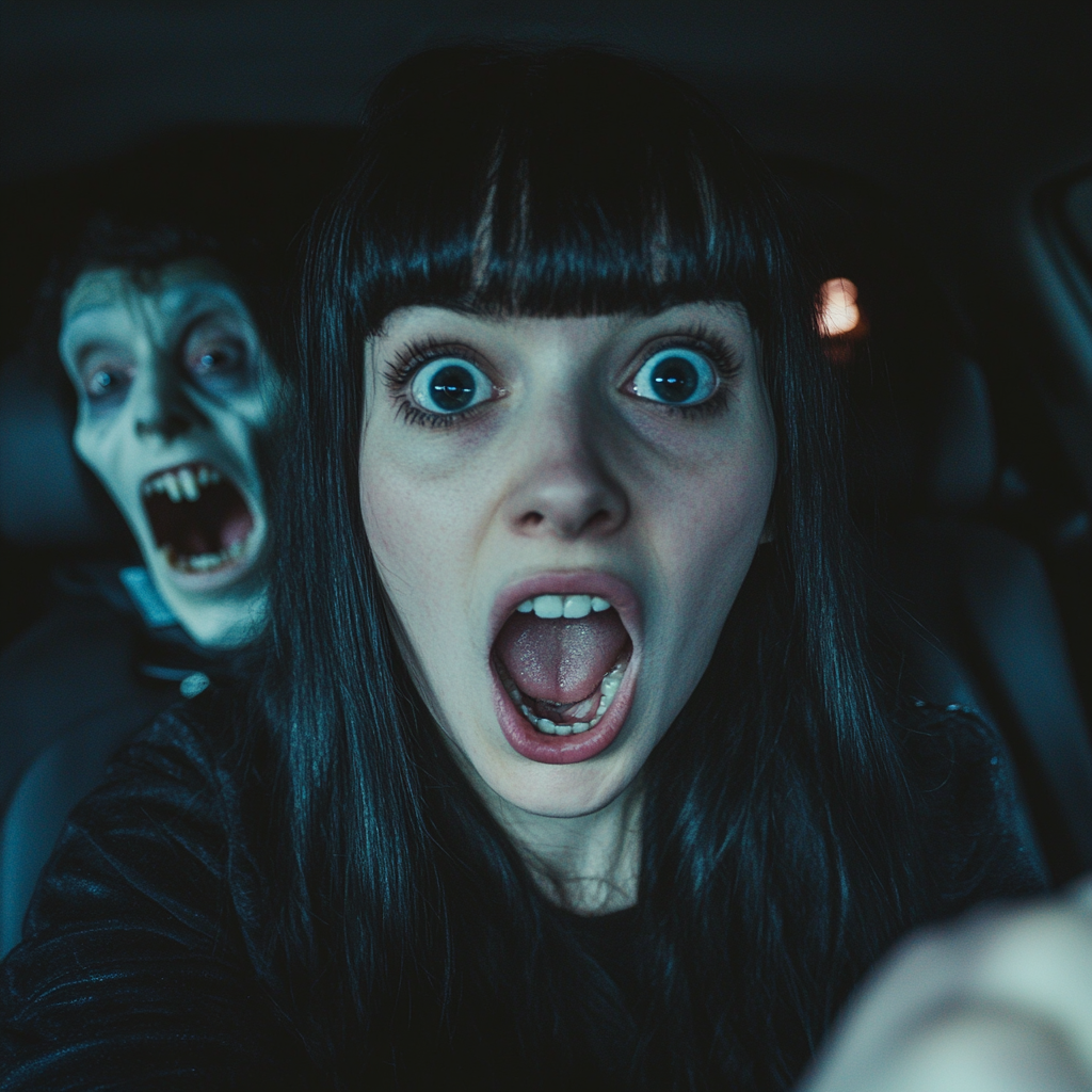 Passenger and driver scream at ghostly monster