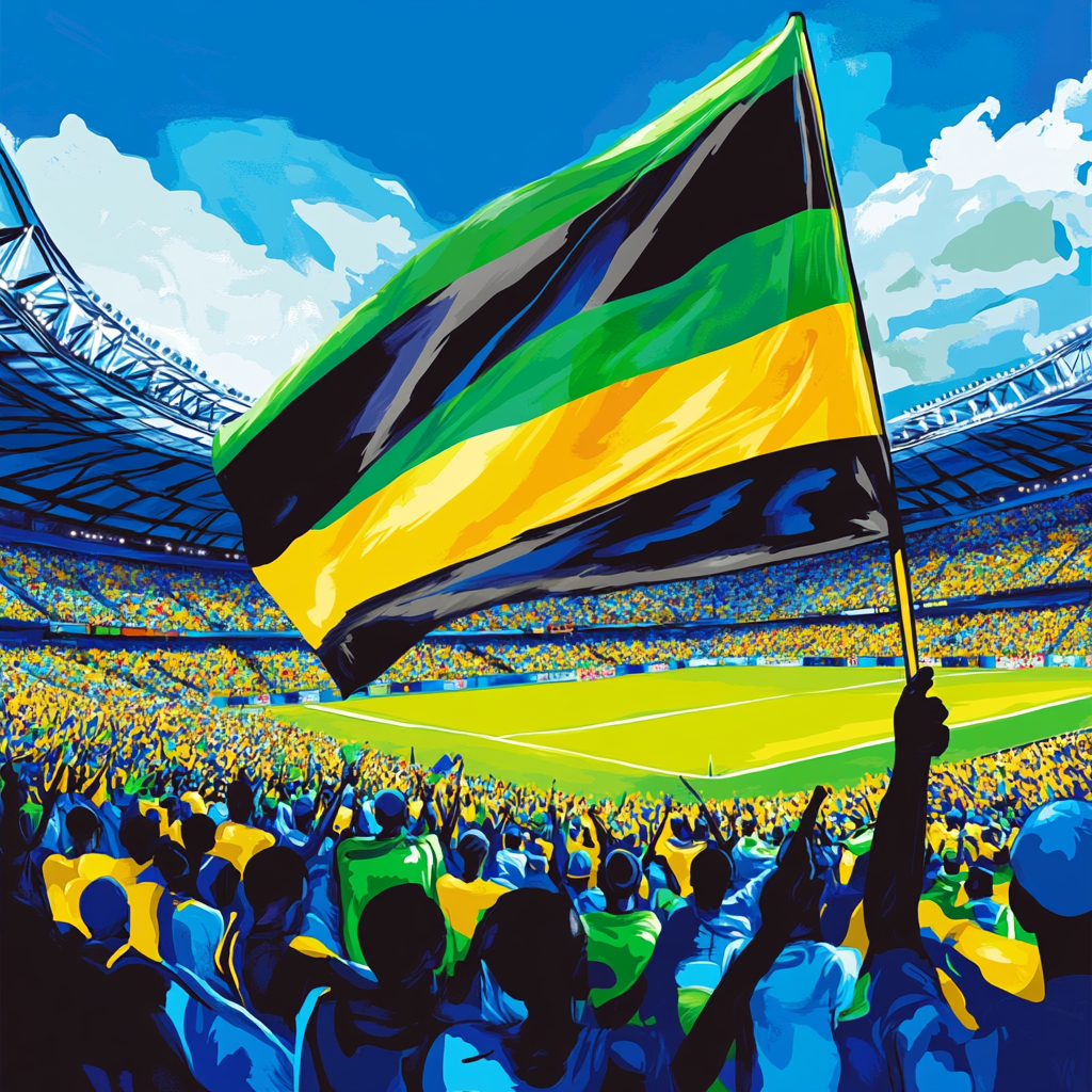 Passionate fans wave Tanzanian flag in stadium