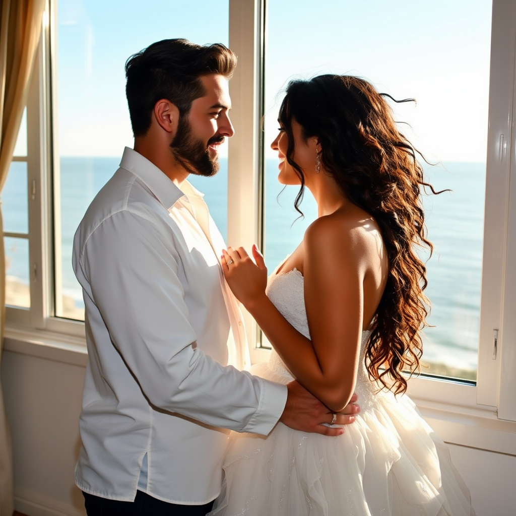 Passionate love by window in California seaside suite.