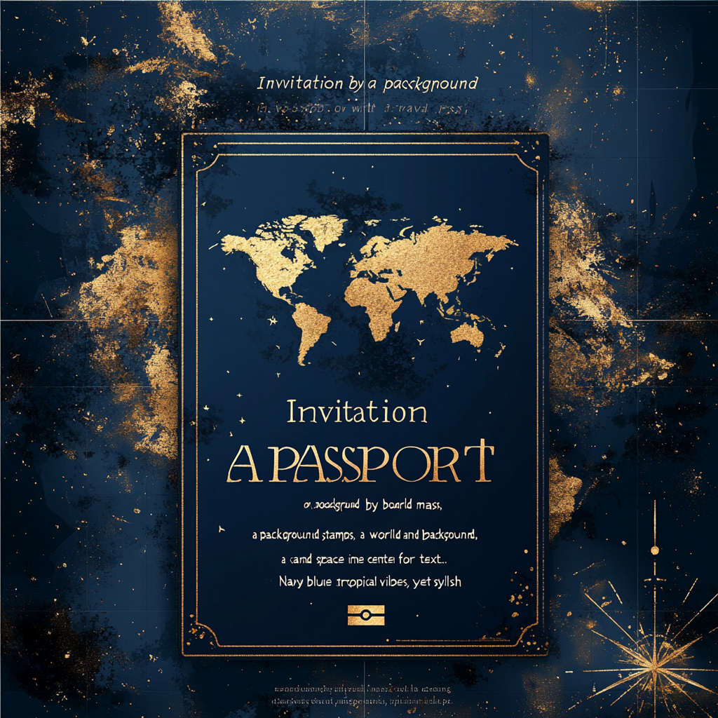 Passport-inspired invitation with world map, navy blue, gold.