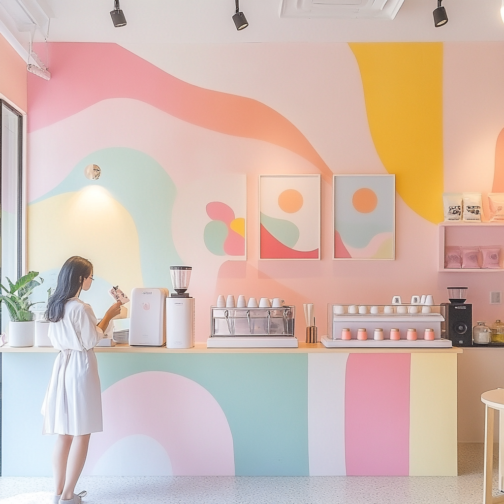 Pastel Coffee Shop Artwork with Influencer and Decor 