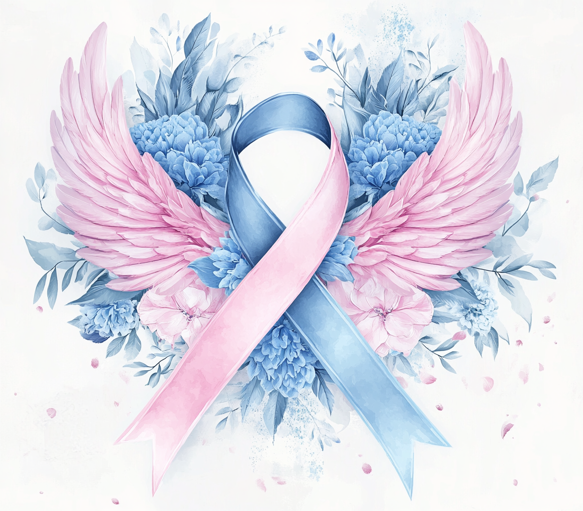 Pastel cancer ribbons with wings and flowers, detailed artwork.