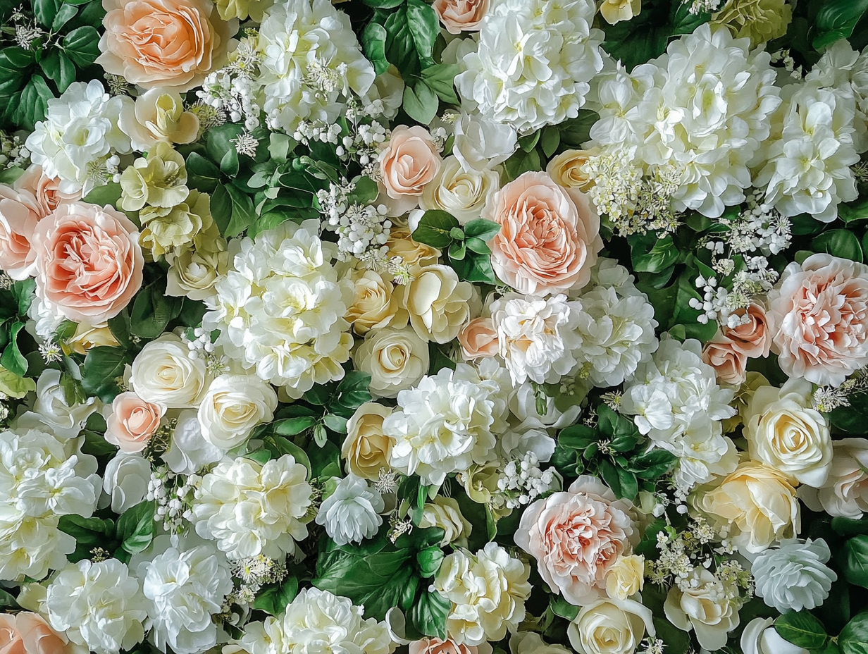 Pastel colors and flowers backdrop for wedding party photowall.