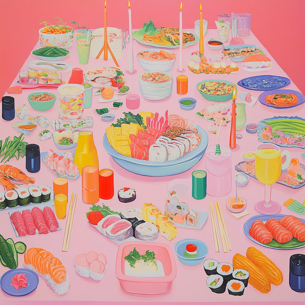 Pastel dining room table with sushi, veggies, drinks.