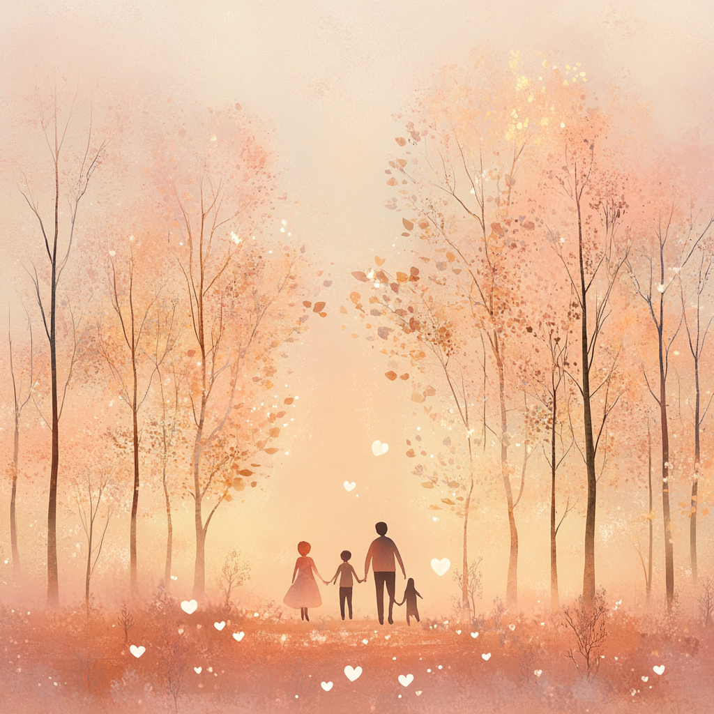 Pastel forest at sunset, family silhouettes in love.