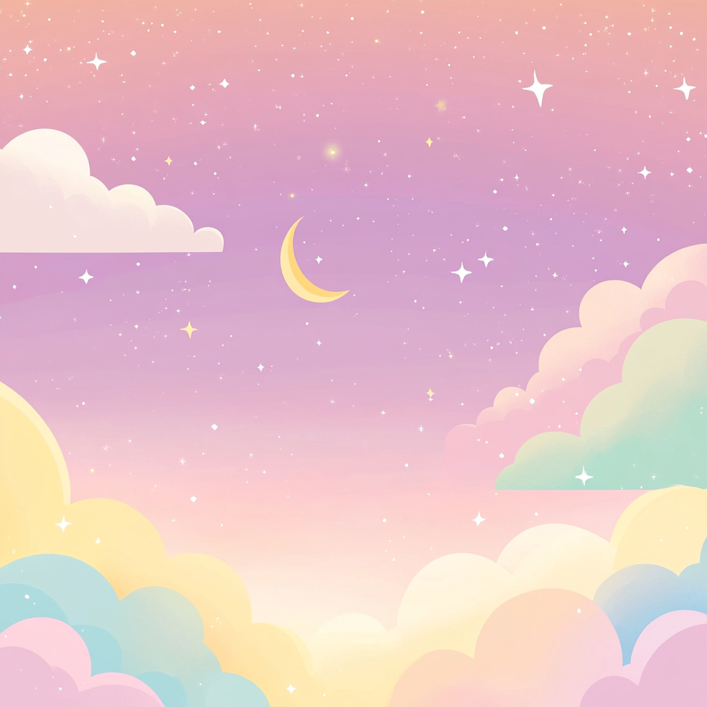 Pastel gradient with clouds, starry sky, small moon