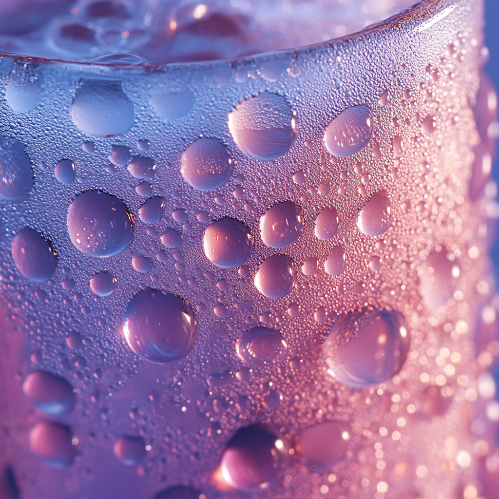 Pastel pink-blue beer foam close-up with water droplets.